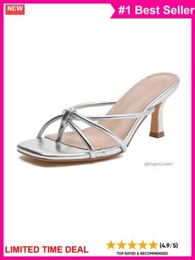 Women's Strappy Kitten Heel Thong Sandals Square Toe Slip-On